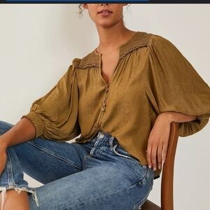 Anthropologie Cacee Peasant Top Oversized Button Down Balloon Sleeve Romantic  S